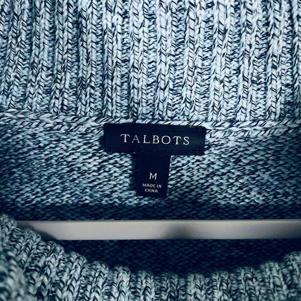Talbots Womens Medium Blue White Marled Cotton Cable Knit Funnel Neck Sweater - Picture 3 of 8